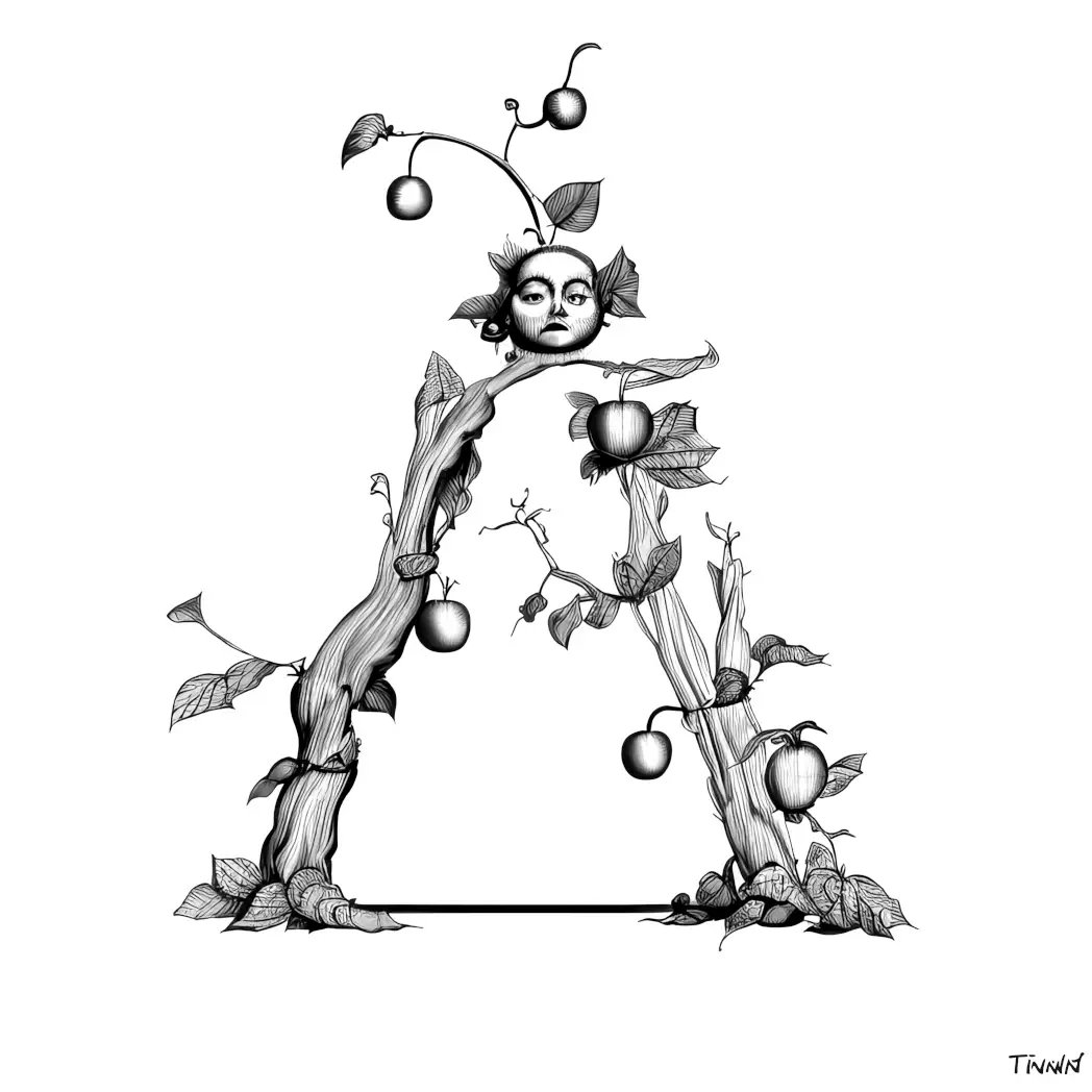 Surreal letter A formed by twisted branches with leaves, fruit, and a human face at the top center.