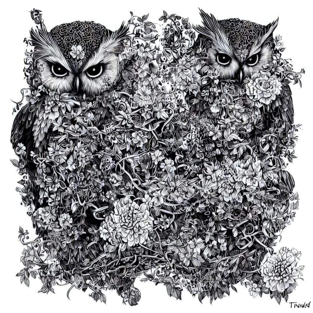 Two owls with intense eyes partially hidden among dense, detailed foliage and flowers in black and white ink style.