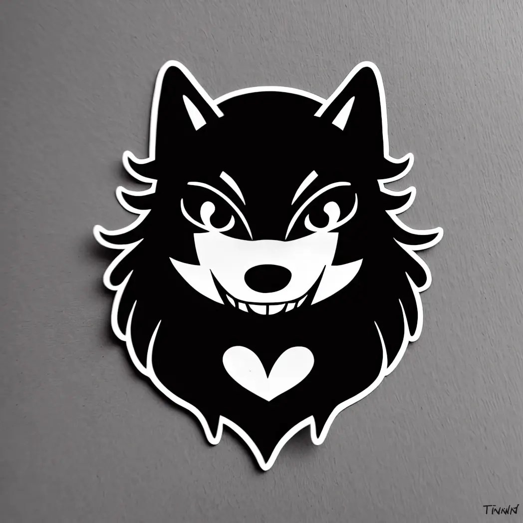 Bold black and white cartoon werewolf with sharp eyes, a mischievous grin, and a heart shape on its chest.