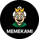 Cartoon avatar of a smiling man in a green robe with a crown and white hair, with the text “MEMEKAMI” below.