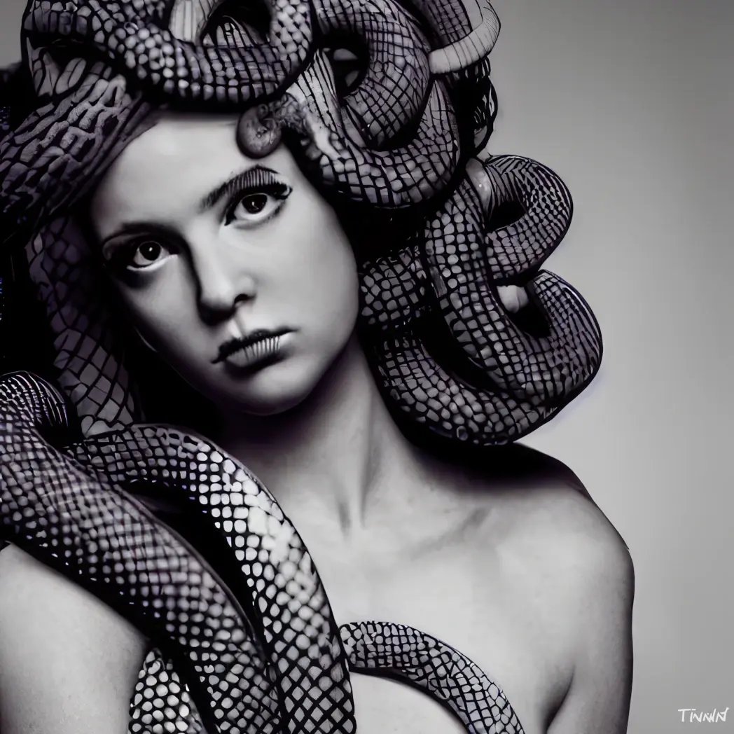 Medusa artwork showing a woman with snakes for hair, staring intensely with a dramatic, monochrome aesthetic.