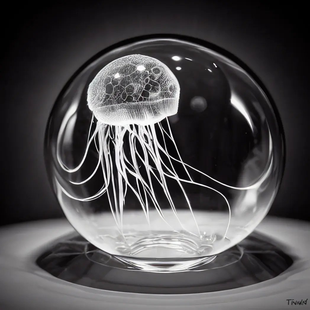 Transparent sphere encasing a delicate jellyfish with long tentacles, displayed on a smooth surface in monochrome tones.