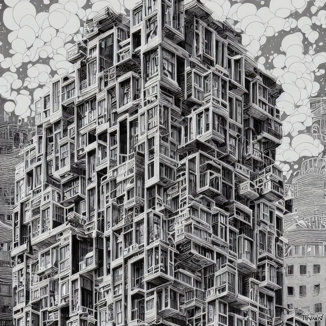 Surreal high-rise apartment building with chaotic, protruding balconies against a sky filled with abstract clouds.