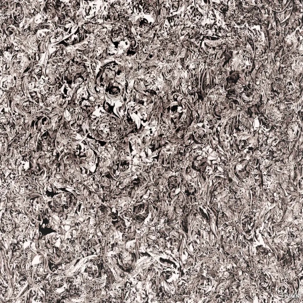 Dense black and white abstract scene with chaotic textures, featuring a hidden figure resembling a monkey with burnt skin.