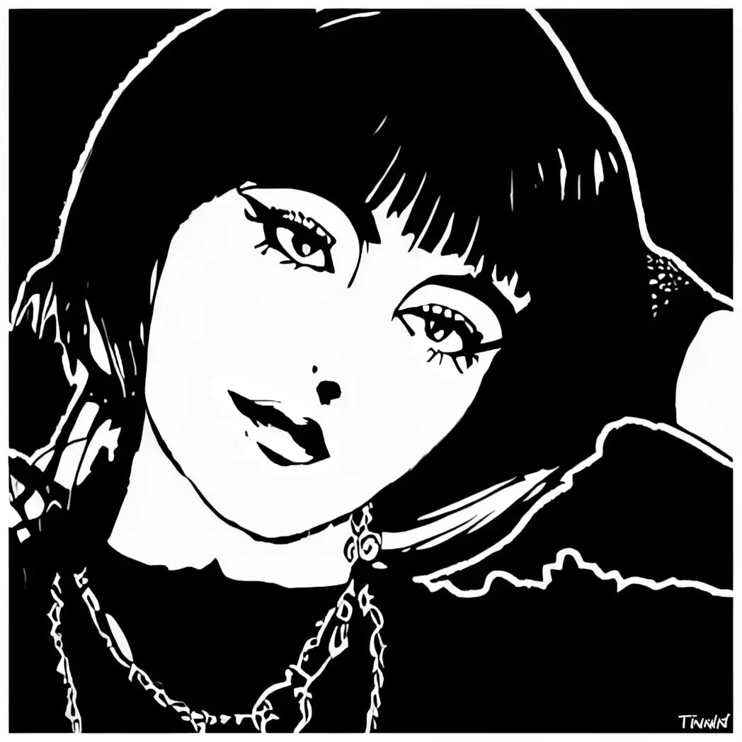 Black and white portrait of a woman with short hair, bold eyeliner, and layered necklaces, gazing softly with head tilted.